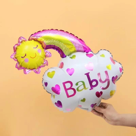 Balon din Folie Metalizata, Flippy, Figurina Soare si Nor, Tema Botez, 60x53 cm, Ambalaj Individual, Pai Inclus, Umflare cu Aer sau Heliu, Roz [5]