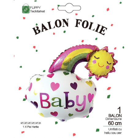 Balon din Folie Metalizata, Flippy, Figurina Soare si Nor, Tema Botez, 60x53 cm, Ambalaj Individual, Pai Inclus, Umflare cu Aer sau Heliu, Roz [6]