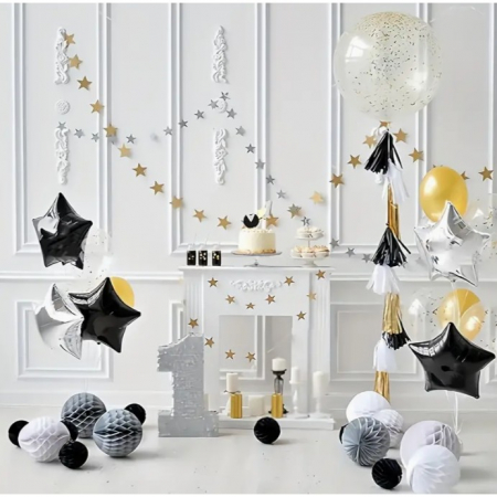 Balon din Folie Metalizata, Flippy, Figurina Stea, Model Simplu, Tematica Aniversare, 40 cm, Ambalaj Individual, Pai Inclus, Umflare cu Aer sau Heliu, Negru [6]