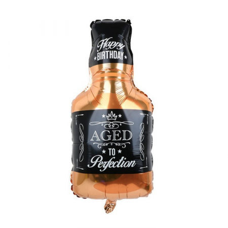 Articole petrecere - Balon din Folie Metalizata, Flippy, Figurina Sticla de Whisky, Tema Aniversare, 90x45 cm, Ambalaj Individual, Pai Inclus, Umflare cu Aer sau Heliu, Maro