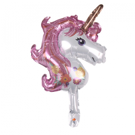 Articole petrecere - Balon din Folie Metalizata, Flippy, Figurina Unicorn, Tema Animalute, 30 cm, Ambalaj Individual, Pai Inclus, Umflare cu Aer sau Heliu, Roz