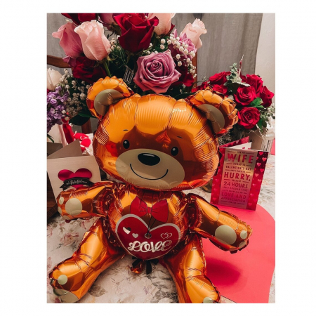 Balon din Folie Metalizata, Flippy, Figurina Urs, Model Love, Tema Ziua Indragostitilor, 60x63cm, Ambalaj Individual, Pai Inclus, Umflare cu Aer sau Heliu, Maro [2]