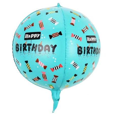 Articole petrecere - Balon din Folie Metalizata, Flippy, Figurine 4D, Model Happy Birthday, Tematica Aniversara Bombonele, 63x24 cm, Ambalaj Individual, Pai Inclus, Umflare cu Aer sau Heliu, Blue