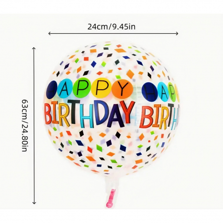 Balon din Folie Metalizata, Flippy, Figurine 4D, Model Happy Birthday, Tematica Aniversara Bombonele, 63x24 cm, Ambalaj Individual, Pai Inclus, Umflare cu Aer sau Heliu, Alb-Multicolor [2]