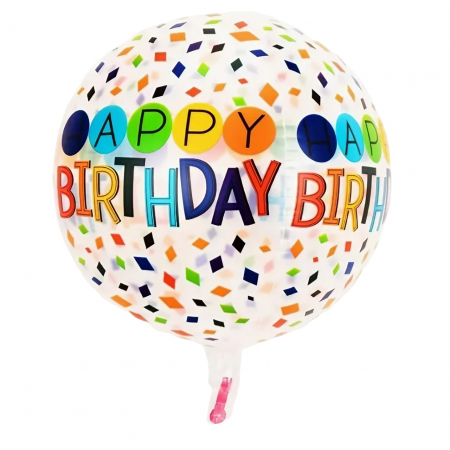 Articole petrecere - Balon din Folie Metalizata, Flippy, Figurine 4D, Model Happy Birthday, Tematica Aniversara Bombonele, 63x24 cm, Ambalaj Individual, Pai Inclus, Umflare cu Aer sau Heliu, Alb-Multicolor