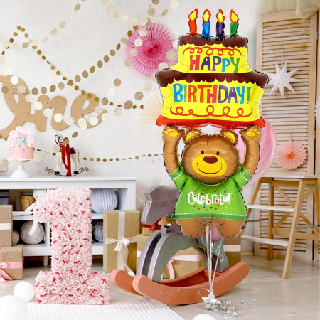 Balon din Folie Metalizata, Flippy, Figurine Animalute, Model Ursulet cu Tort Aniversar, 124x65 cm, Ambalaj Individual, Pai Inclus, Umflare cu Aer sau Heliu, Multicolor [5]