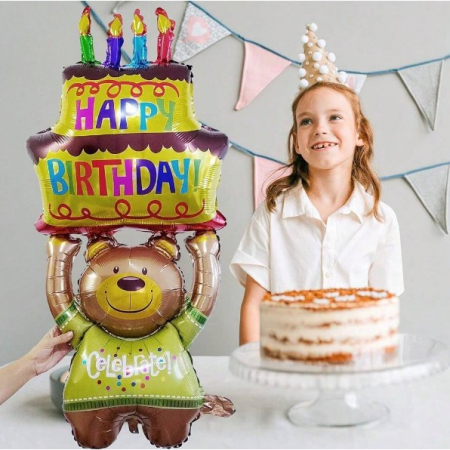 Balon din Folie Metalizata, Flippy, Figurine Animalute, Model Ursulet cu Tort Aniversar, 124x65 cm, Ambalaj Individual, Pai Inclus, Umflare cu Aer sau Heliu, Multicolor [9]