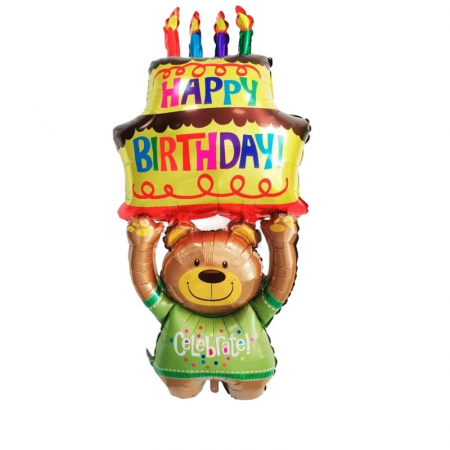 Articole petrecere - Balon din Folie Metalizata, Flippy, Figurine Animalute, Model Ursulet cu Tort Aniversar, 124x65 cm, Ambalaj Individual, Pai Inclus, Umflare cu Aer sau Heliu, Multicolor