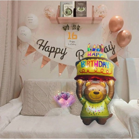 Balon din Folie Metalizata, Flippy, Figurine Animalute, Model Ursulet cu Tort Aniversar, 124x65 cm, Ambalaj Individual, Pai Inclus, Umflare cu Aer sau Heliu, Multicolor [8]