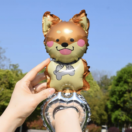 Articole petrecere - Balon din Folie Metalizata, Flippy, Figurine Animalute, Tip Bratara, Model Catel, Ambalaj Individual, Pai Inclus, Umflare cu Aer sau Heliu, Maro
