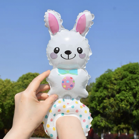 Articole petrecere - Balon din Folie Metalizata, Flippy, Figurine Animalute, Tip Bratara, Model Iepuras, Ambalaj Individual, Pai Inclus, Umflare cu Aer sau Heliu, Alb