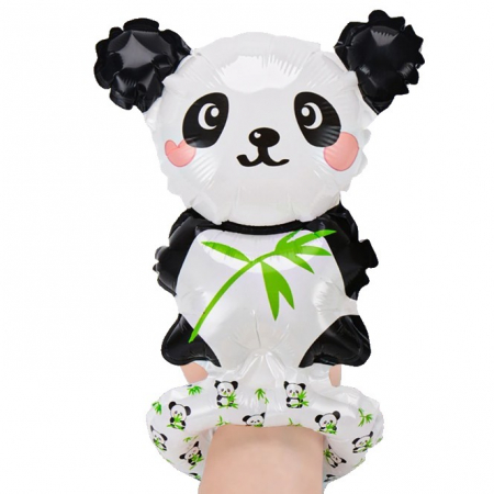 Articole petrecere - Balon din Folie Metalizata, Flippy, Figurine Animalute, Tip Bratara, Model Panda, 13 x 35 cm, Ambalaj Individual, Pai Inclus, Umflare cu Aer sau Heliu, Alb/Negru