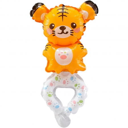 Articole petrecere - Balon din Folie Metalizata, Flippy, Figurine Animalute, Tip Bratara, Model Tigru, 17x34 cm, Ambalaj Individual, Pai Inclus, Umflare cu Aer sau Heliu, Maro