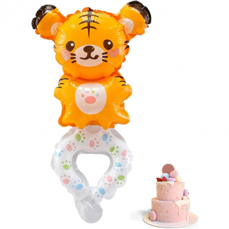 Balon din Folie Metalizata, Flippy, Figurine Animalute, Tip Bratara, Model Tigru, 17x34 cm, Ambalaj Individual, Pai Inclus, Umflare cu Aer sau Heliu, Maro [1]