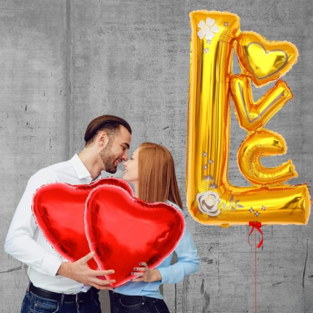 Balon din Folie Metalizata, Flippy, Figurine, Model LOVE, Tematica Iubire, 110x64 cm, Ambalaj Individual, Pai Inclus, Umflare cu Aer sau Heliu, Galben [7]