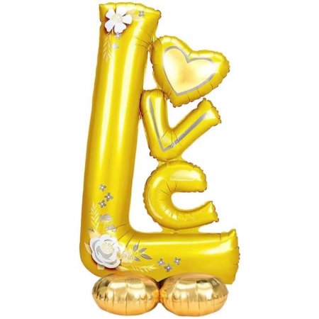 Articole petrecere - Balon din Folie Metalizata, Flippy, Figurine, Model LOVE, Tematica Iubire, 110x64 cm, Ambalaj Individual, Pai Inclus, Umflare cu Aer sau Heliu, Galben
