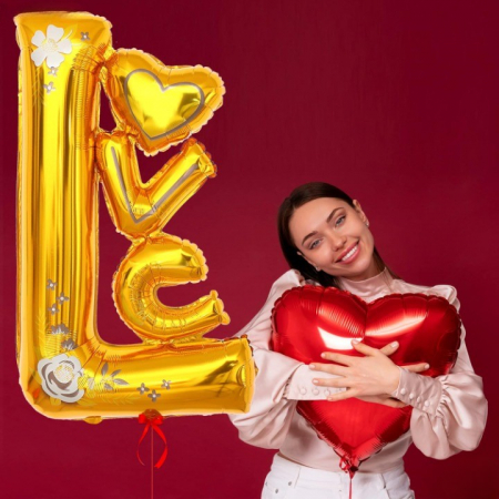 Balon din Folie Metalizata, Flippy, Figurine, Model LOVE, Tematica Iubire, 110x64 cm, Ambalaj Individual, Pai Inclus, Umflare cu Aer sau Heliu, Galben [3]