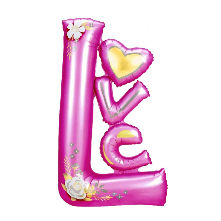 Articole petrecere - Balon din Folie Metalizata, Flippy, Figurine, Model LOVE, Tematica Iubire, 110x64 cm, Ambalaj Individual, Pai Inclus, Umflare cu Aer sau Heliu, Mov