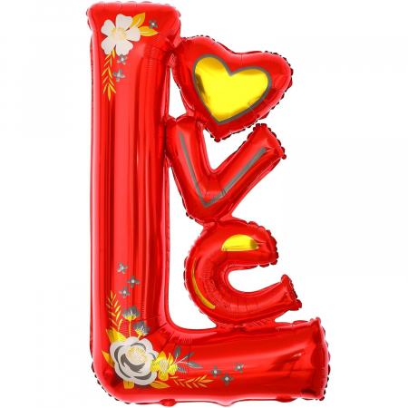 Articole petrecere - Balon din Folie Metalizata, Flippy, Figurine, Model LOVE, Tematica Iubire, 110x64 cm, Ambalaj Individual, Pai Inclus, Umflare cu Aer sau Heliu, Rosu