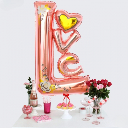 Balon din Folie Metalizata, Flippy, Figurine, Model LOVE, Tematica Iubire, 110x64 cm, Ambalaj Individual, Pai Inclus, Umflare cu Aer sau Heliu, Roz [2]