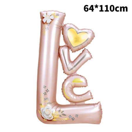 Balon din Folie Metalizata, Flippy, Figurine, Model LOVE, Tematica Iubire, 110x64 cm, Ambalaj Individual, Pai Inclus, Umflare cu Aer sau Heliu, Roz Deschis [1]