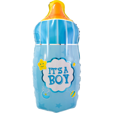 Cadouri și petreceri - Balon din Folie Metalizata, Flippy, Mini Figurina Biberon, Model It's a Boy, Tematica Gender Reveal, 44x20 cm, Ambalaj Individual, Pai Inclus, Umflare cu Aer sau Heliu, Albastru