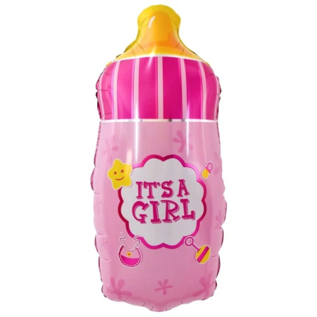 Cadouri și petreceri - Balon din Folie Metalizata, Flippy, Mini Figurina Biberon, Model It's a Girl, Tematica Gender Reveal, 44x20 cm, Ambalaj Individual, Pai Inclus, Umflare cu Aer sau Heliu, Roz