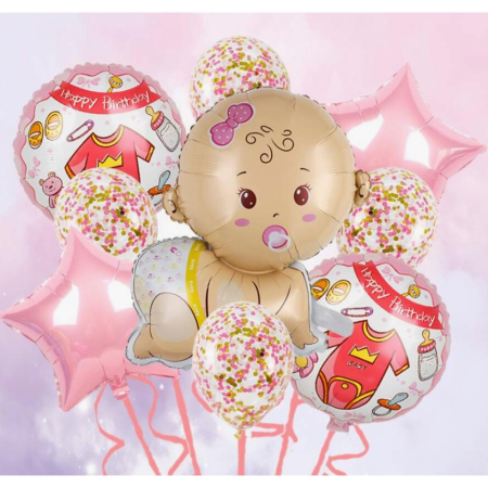 Balon din Folie Metalizata, Flippy, Mini Figurina, Model Bebelus Fetita, Tematica Gender Reveal, 45x25 cm, Ambalaj Individual, Pai Inclus, Umflare cu Aer sau Heliu, Multicolor [4]