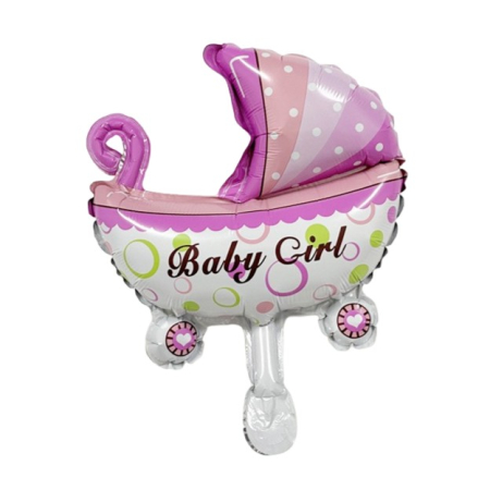 Cadouri și petreceri - Balon din Folie Metalizata, Flippy, Mini Figurina, Model Carucior Bebelus, Tematica Gender Reveal, 39x29 cm, Ambalaj Individual, Pai Inclus, Umflare cu Aer sau Heliu, Roz