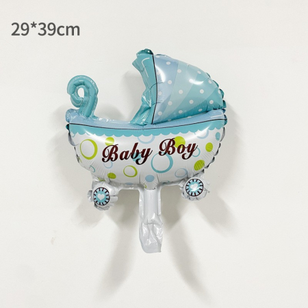 Balon din Folie Metalizata, Flippy, Mini Figurina, Model Carucior Bebelus, Tematica Gender Reveal, 39x29 cm, Ambalaj Individual, Pai Inclus, Umflare cu Aer sau Heliu, Albastru [1]