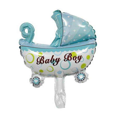Balon din Folie Metalizata, Flippy, Mini Figurina, Model Carucior Bebelus, Tematica Gender Reveal, 39x29 cm, Ambalaj Individual, Pai Inclus, Umflare cu Aer sau Heliu, Albastru [2]