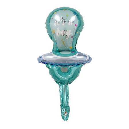 Cadouri și petreceri - Balon din Folie Metalizata, Flippy, Mini Figurina, Model Suzeta, Tematica Gender Reveal, 23x50 cm, Ambalaj Individual, Pai Inclus, Umflare cu Aer sau Heliu, Albastru