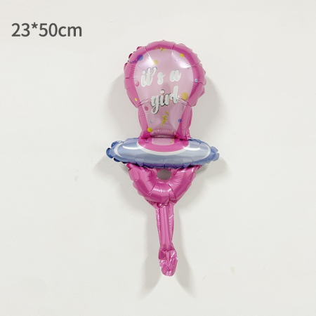 Balon din Folie Metalizata, Flippy, Mini Figurina, Model Suzeta, Tematica Gender Reveal, 23x50 cm, Ambalaj Individual, Pai Inclus, Umflare cu Aer sau Heliu, Roz [1]
