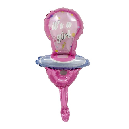 Cadouri și petreceri - Balon din Folie Metalizata, Flippy, Mini Figurina, Model Suzeta, Tematica Gender Reveal, 23x50 cm, Ambalaj Individual, Pai Inclus, Umflare cu Aer sau Heliu, Roz