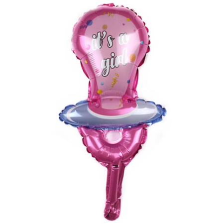 Balon din Folie Metalizata, Flippy, Mini Figurina, Model Suzeta, Tematica Gender Reveal, 23x50 cm, Ambalaj Individual, Pai Inclus, Umflare cu Aer sau Heliu, Roz [3]