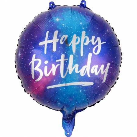 Articole petrecere - Balon din Folie Metalizata, Flippy, Mini Figurina Rotunda, Model Cer Instelat, Happy Birthday, Tematica Aniversare, 45 cm, Ambalaj Individual, Pai Inclus, Umflare cu Aer sau Heliu, Multicolor