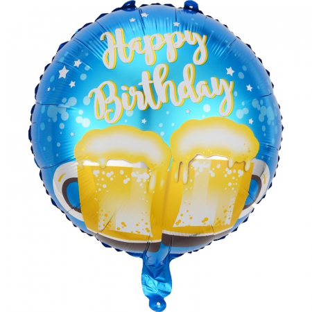 Articole petrecere - Balon din Folie Metalizata, Flippy, Mini Figurina Rotunda, Model Halbe de Bere, Happy Birthday, Tematica Aniversare, 45 cm, Ambalaj Individual, Pai Inclus, Umflare cu Aer sau Heliu, Albastru