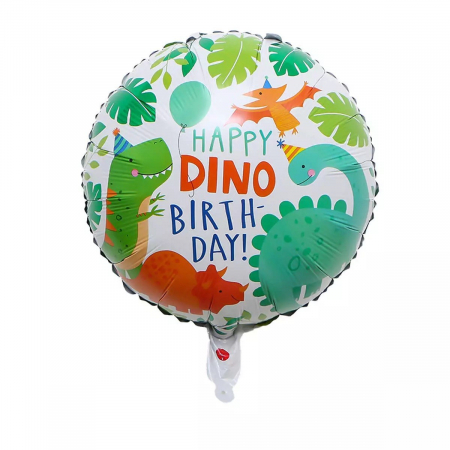 Articole petrecere - Balon din Folie Metalizata, Flippy, Mini Figurina Rotunda, Model Happy Birthday cu Dinozauri, Tema Aniversare, 45 cm, Ambalaj Individual, Pai inclus, Umflare cu Aer sau Heliu, Multicolor