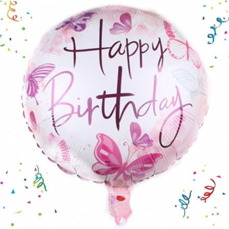 Balon din Folie Metalizata, Flippy, Mini Figurina Rotunda, Model Happy Birthday Fluturasi, Tema Aniversare, 45 cm, Ambalaj Individual, Pai inclus, Umflare cu Aer sau Heliu, Roz [1]