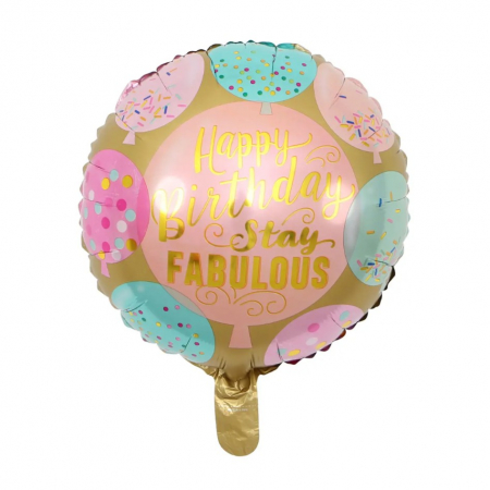 Balon din Folie Metalizata, Flippy, Mini Figurina Rotunda, Model Happy Birthday Stay Fabulous, Tematica Aniversare, 45 cm, Ambalaj Individual, Pai Inclus, Umflare cu Aer sau Heliu, Multicolor [3]
