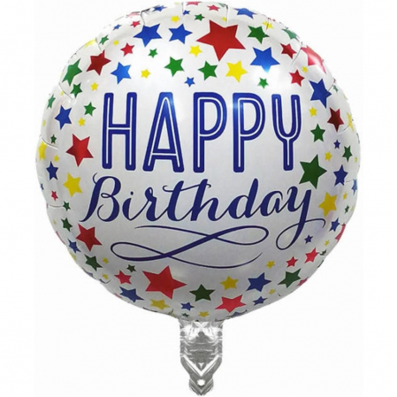 Articole petrecere - Balon din Folie Metalizata, Flippy, Mini Figurina Rotunda, Model Happy Birthday, Tema Aniversare, 45 cm, Ambalaj Individual, Pai inclus, Umflare cu Aer sau Heliu, Multicolor