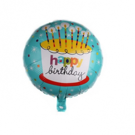 Articole petrecere - Balon din Folie Metalizata, Flippy, Mini Figurina Rotunda, Model Happy Birthday Tort, Tema Aniversare, 45 cm, Ambalaj Individual, Pai inclus, Umflare cu Aer sau Heliu, Albastru