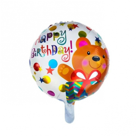 Articole petrecere - Balon din Folie Metalizata, Flippy, Mini Figurina Rotunda, Model Happy Birthday Ursulet, Tema Aniversare, 45 cm, Ambalaj Individual, Pai inclus, Umflare cu Aer sau Heliu, Maro