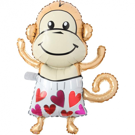 Articole petrecere - Balon din Folie Metalizata, Flippy, Mini Figurine Animalute, Model Maimutica, Tematica Aniversare, 45x28 cm, Ambalaj Individual, Pai Inclus, Umflare cu Aer sau Heliu, Multicolor