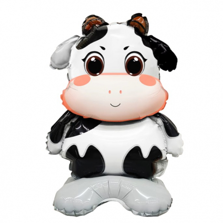 Articole petrecere - Balon din Folie Metalizata, Flippy, Mini Figurine Animalute, Model Vacuta, Tematica Aniversare, 38x58 cm, Ambalaj Individual, Pai Inclus, Umflare cu Aer sau Heliu, Multicolor
