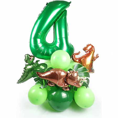 Balon din Folie Metalizata, Flippy, Mini Figurine Dinozauri, Model T-Rex, Tematica Aniversare, 48x34 cm, Ambalaj Individual, Pai Inclus, Umflare cu Aer sau Heliu, Multicolor [4]