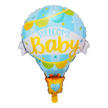 Cadouri și petreceri - Balon din Folie Metalizata, Flippy, Mini Figurine, Model Balon cu Aer Cald Baietel, Tematica Welcome Baby, 80x62 cm, Ambalaj Individual, Pai Inclus, Umflare cu Aer sau Heliu, Albastru