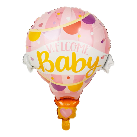 Cadouri și petreceri - Balon din Folie Metalizata, Flippy, Mini Figurine, Model Balon cu Aer Cald Fetita, Tematica Welcome Baby, 80x62 cm, Ambalaj Individual, Pai Inclus, Umflare cu Aer sau Heliu, Roz