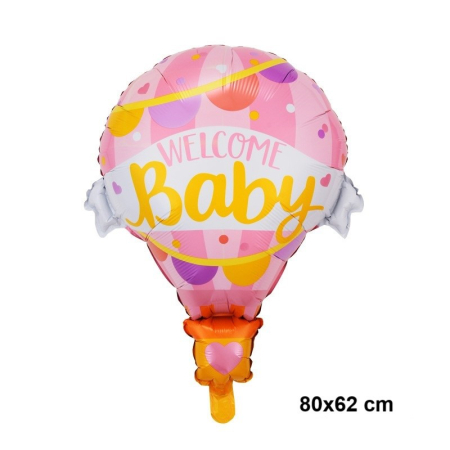 Balon din Folie Metalizata, Flippy, Mini Figurine, Model Balon cu Aer Cald Fetita, Tematica Welcome Baby, 80x62 cm, Ambalaj Individual, Pai Inclus, Umflare cu Aer sau Heliu, Roz [6]