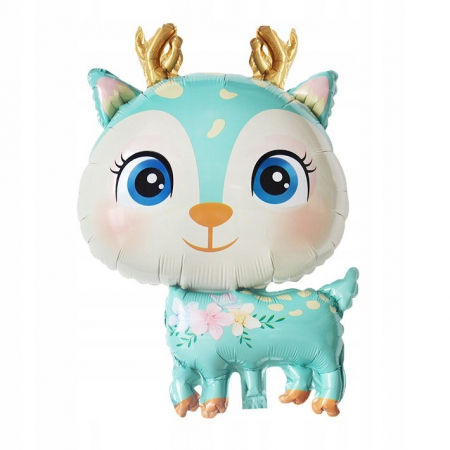 Articole petrecere - Balon din Folie Metalizata, Flippy, Mini Figurine, Model Cerb, Tematica Aniversare, 49x74.5 cm, Ambalaj Individual, Pai Inclus, Umflare cu Aer sau Heliu, Albastru